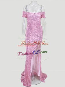 Amazing Off The Shoulder Short Sleeves Sweep Train Zipper Sequins Prom Party Dress in Pink
