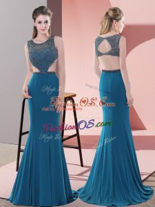 Noble Blue Sleeveless Chiffon Sweep Train Backless Prom Evening Gown for Prom and Party and Military Ball