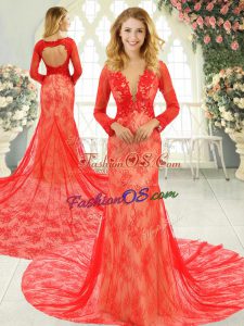 Gorgeous Red Long Sleeves Lace Backless Prom Dresses