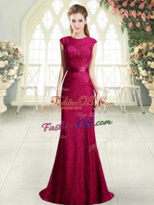Hot Selling Beading and Lace Prom Dress Red Backless Cap Sleeves Sweep Train