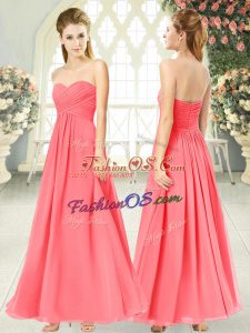 Ankle Length Watermelon Red Prom Gown Chiffon Sleeveless Ruching