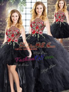 Adorable Sleeveless Floor Length Embroidery and Ruffles Zipper Vestidos de Quinceanera with Black