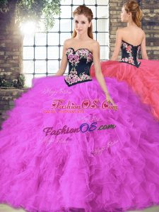 Beauteous Floor Length Fuchsia 15 Quinceanera Dress Tulle Sleeveless Beading and Embroidery