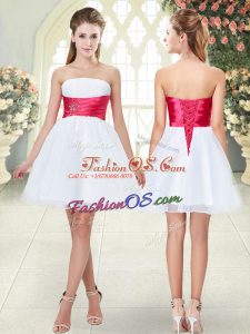 Fashionable Mini Length White Evening Dress Strapless Sleeveless Lace Up