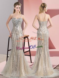 Modest Zipper Prom Dress Champagne for Prom and Party with Beading Sweep Train