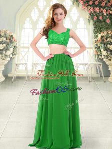 Green Chiffon Zipper Straps Sleeveless Floor Length Prom Dresses Beading and Lace