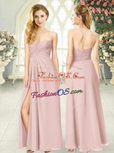 Popular Pink Sleeveless Floor Length Ruching Zipper Prom Dress