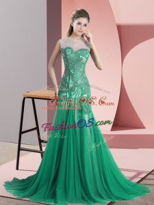 Green Backless Prom Gown Beading and Appliques Sleeveless Sweep Train