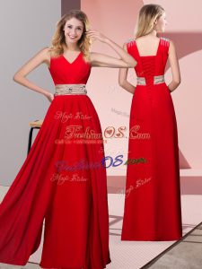 Red Dress for Prom Prom and Party and Military Ball with Beading V-neck Sleeveless Lace Up