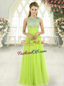Yellow Green Sleeveless Floor Length Beading Side Zipper Prom Dress