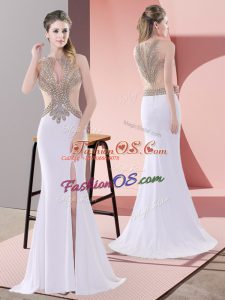 White Mermaid Chiffon Scoop Sleeveless Beading and Lace Lace Up Homecoming Dress Sweep Train