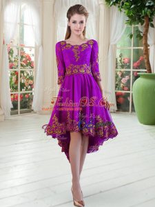 Purple A-line Scoop Long Sleeves Satin High Low Embroidery Dress for Prom