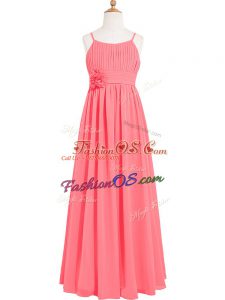 Watermelon Red Scoop Neckline Pleated and Hand Made Flower Prom Dresses Sleeveless Zipper