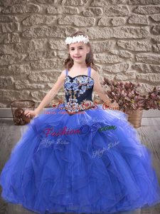 High Quality Royal Blue Straps Neckline Embroidery and Ruffles Kids Pageant Dress Sleeveless Lace Up