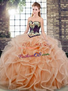 Latest Ball Gowns Sleeveless Peach 15th Birthday Dress Sweep Train Lace Up