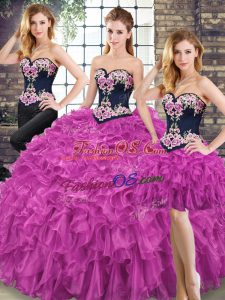 Fuchsia Organza Lace Up Sweet 16 Dresses Sleeveless Floor Length Embroidery and Ruffles