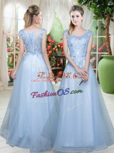 Clearance Cap Sleeves Tulle Floor Length Lace Up in Light Blue with Lace