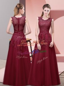 Exquisite Burgundy Tulle Zipper Prom Party Dress Sleeveless Floor Length Lace and Appliques and Belt