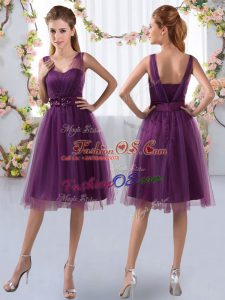 Wonderful Purple Tulle Zipper V-neck Sleeveless Knee Length Bridesmaid Dresses Appliques