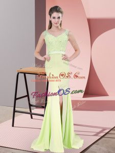 Comfortable Yellow Green V-neck Neckline Beading and Lace Prom Evening Gown Sleeveless Zipper