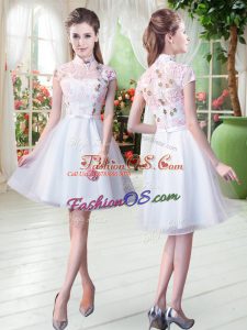 Free and Easy Short Sleeves Tulle Knee Length Zipper Dress for Prom in White with Appliques