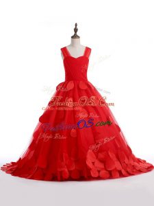 Stunning A-line Sleeveless Red Little Girls Pageant Gowns Brush Train Lace Up