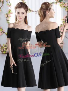 Fantastic Black A-line Satin Off The Shoulder Short Sleeves Ruching Knee Length Zipper Vestidos de Damas