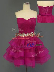 Clearance Fuchsia A-line Beading and Ruffled Layers and Ruching Prom Evening Gown Lace Up Tulle Sleeveless Mini Length