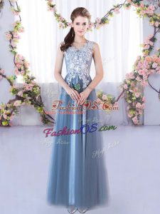 Floor Length Lace Up Quinceanera Court of Honor Dress Blue for Prom and Party and Wedding Party with Lace