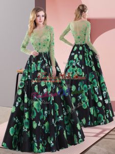 Smart Multi-color A-line Printed Scoop Long Sleeves Appliques Floor Length Lace Up Prom Dresses