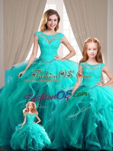 Aqua Blue Cap Sleeves Lace Up 15 Quinceanera Dress for Sweet 16 and Quinceanera