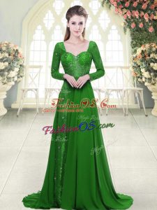 Custom Designed Long Sleeves Sweep Train Beading Backless Prom Dresses