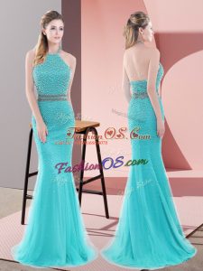 Beading Prom Evening Gown Aqua Blue Backless Sleeveless Sweep Train
