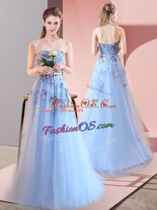 Perfect Blue Sleeveless Tulle Lace Up Prom Party Dress for Prom and Party