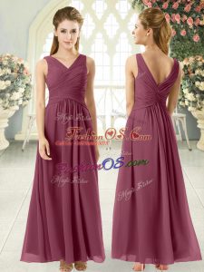 Burgundy Chiffon Zipper Homecoming Dress Sleeveless Ankle Length Ruching