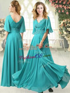 New Arrival Aqua Blue Empire V-neck Half Sleeves Chiffon Floor Length Sweep Train Zipper Beading and Lace Prom Evening Gown