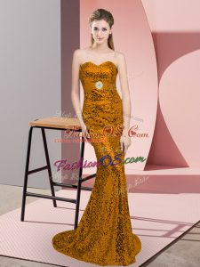 Brown Sleeveless Sequined Sweep Train Zipper Prom Gown for Prom and Party and Military Ball