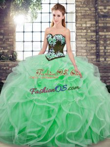 Superior Apple Green Sleeveless Sweep Train Embroidery and Ruffles 15th Birthday Dress
