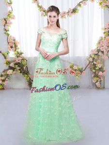 Apple Green Tulle Lace Up Dama Dress Cap Sleeves Floor Length Appliques