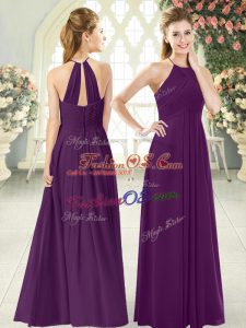 Purple Empire Ruching Dress for Prom Zipper Chiffon Sleeveless Floor Length