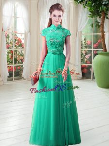 Floor Length Green Homecoming Dress Cap Sleeves Appliques