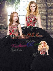 Luxury Floor Length Black 15th Birthday Dress Organza Sleeveless Embroidery and Ruffles