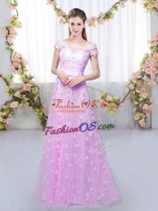 Custom Designed Lilac Cap Sleeves Floor Length Appliques Lace Up Bridesmaid Dresses