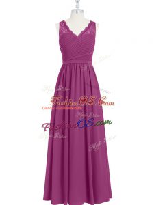 Pretty Fuchsia Sleeveless Floor Length Lace and Ruching Backless Homecoming Dress