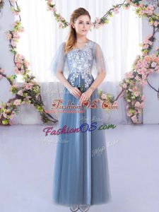 Flirting A-line Bridesmaid Dresses Blue V-neck Tulle Half Sleeves Floor Length Lace Up