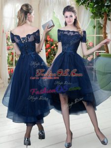 Navy Blue Off The Shoulder Lace Up Lace Prom Dress Short Sleeves