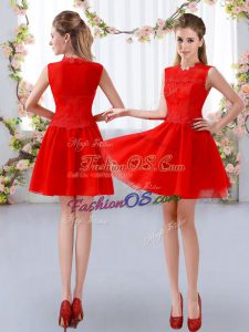 High End Red High-neck Neckline Lace Dama Dress Sleeveless Zipper