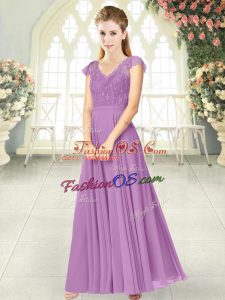 Cap Sleeves Zipper Ankle Length Lace Dress for Prom