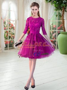 Flirting Half Sleeves Knee Length Lace Zipper Dress for Prom with Fuchsia