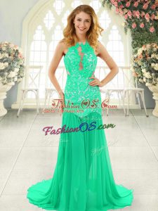 Inexpensive Turquoise Sleeveless Lace Backless Prom Evening Gown